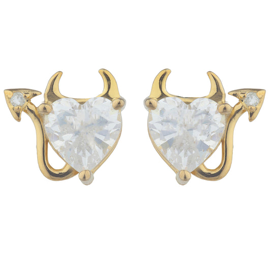 14Kt Gold White Sapphire & Diamond Devil Heart Stud Earrings