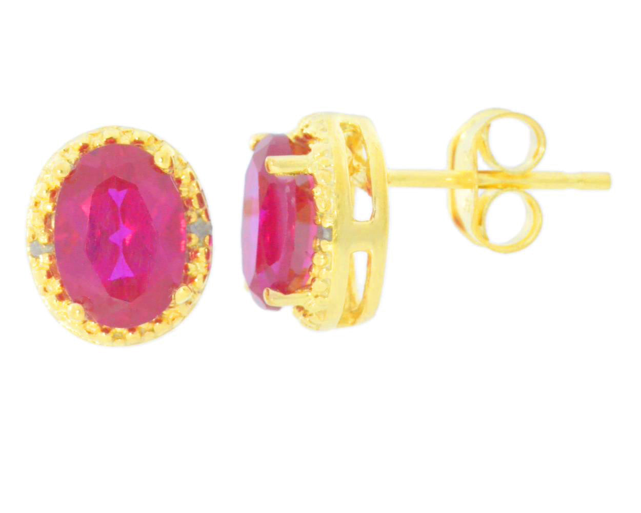 2 Ct Ruby & Diamond Oval Stud Earrings 14Kt Yellow Gold Plated