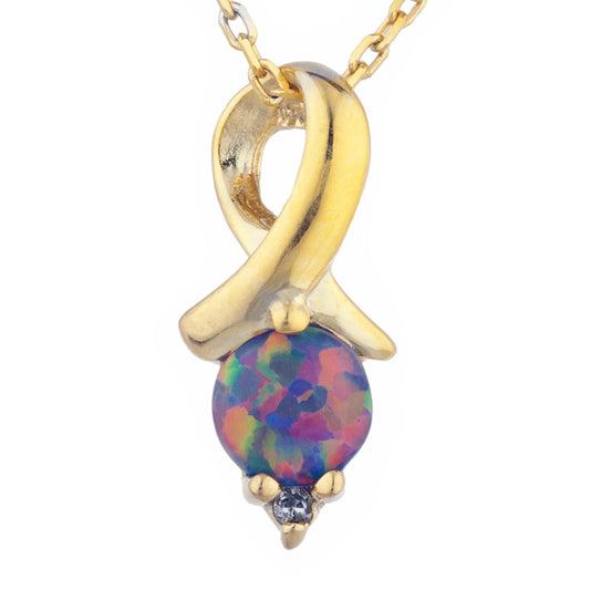 14Kt Yellow Gold Plated Black Opal & Diamond Round Design Pendant