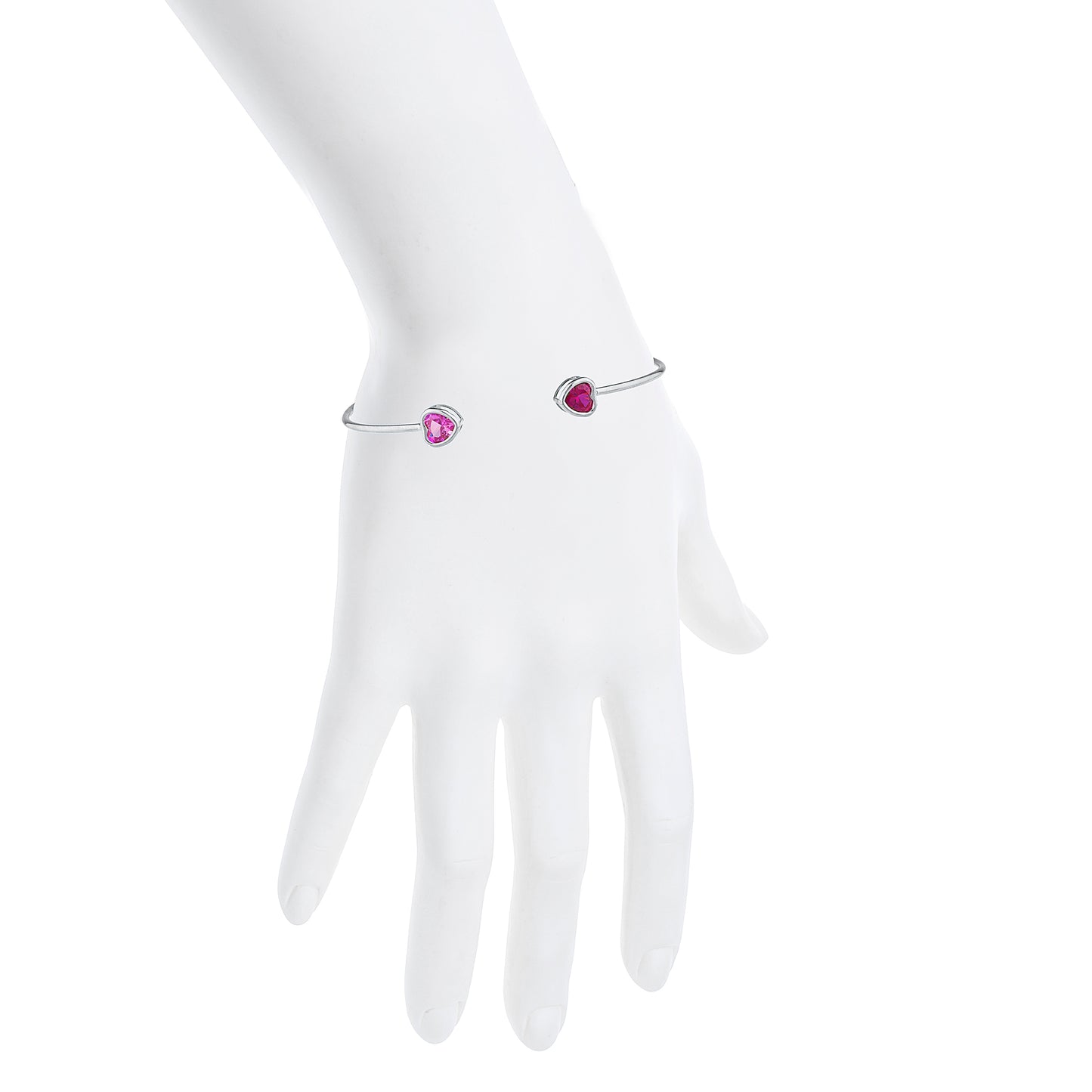 Created Ruby & Pink Sapphire Heart Bezel Bangle Bracelet .925 Sterling Silver