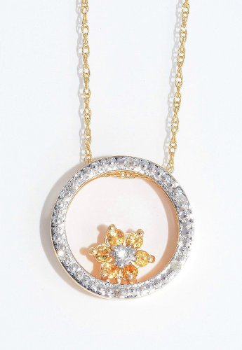 Citrine & Diamond Round Pendant 14Kt Yellow Gold Plated