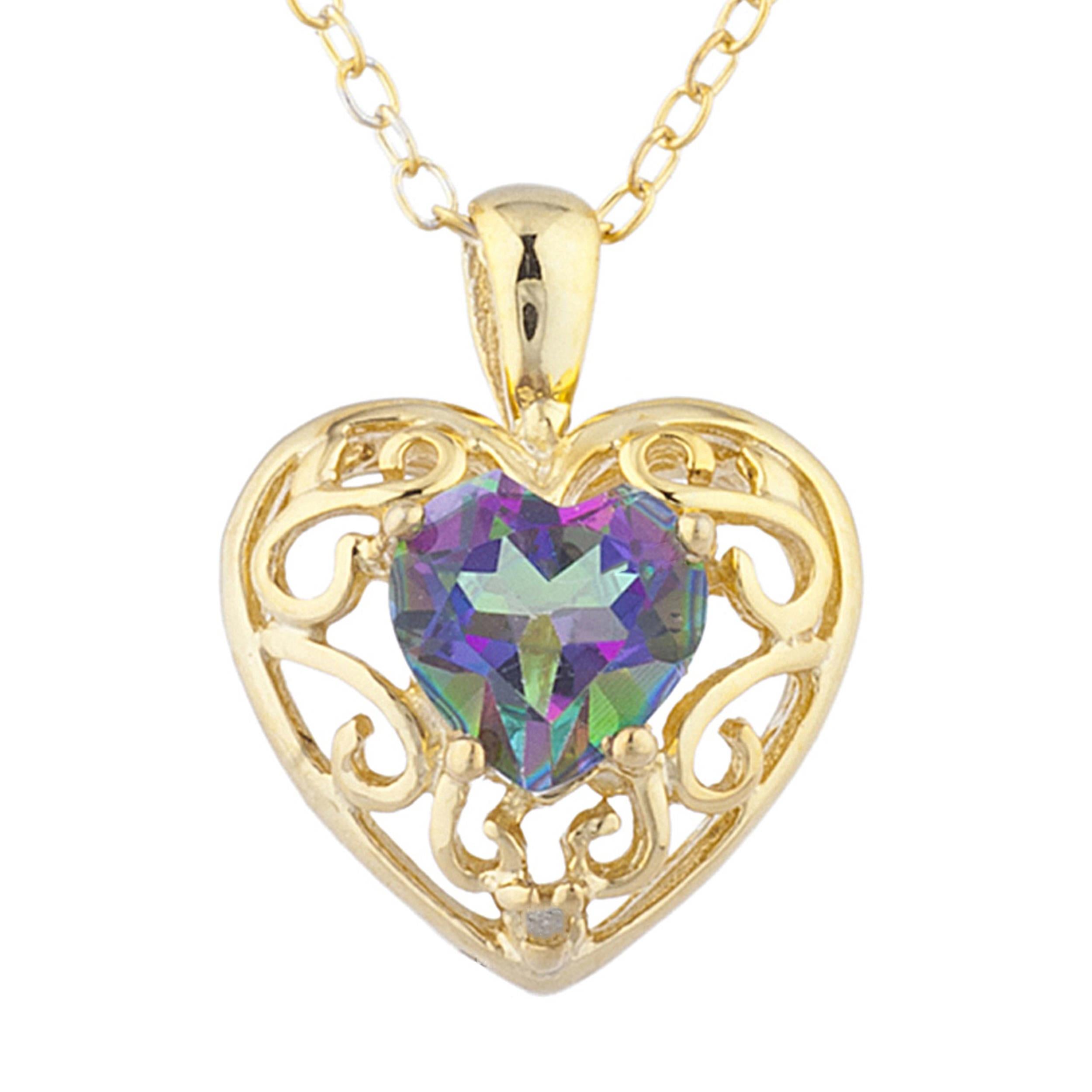 14Kt Gold Natural Mystic Topaz & Diamond Heart LOVE ENGRAVED Pendant Necklace