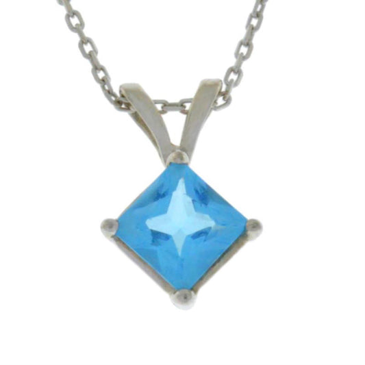 14Kt Gold Blue Topaz Princess Cut Pendant Necklace