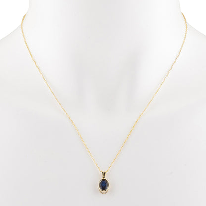 14Kt Gold Blue Sapphire Oval Bezel Pendant Necklace