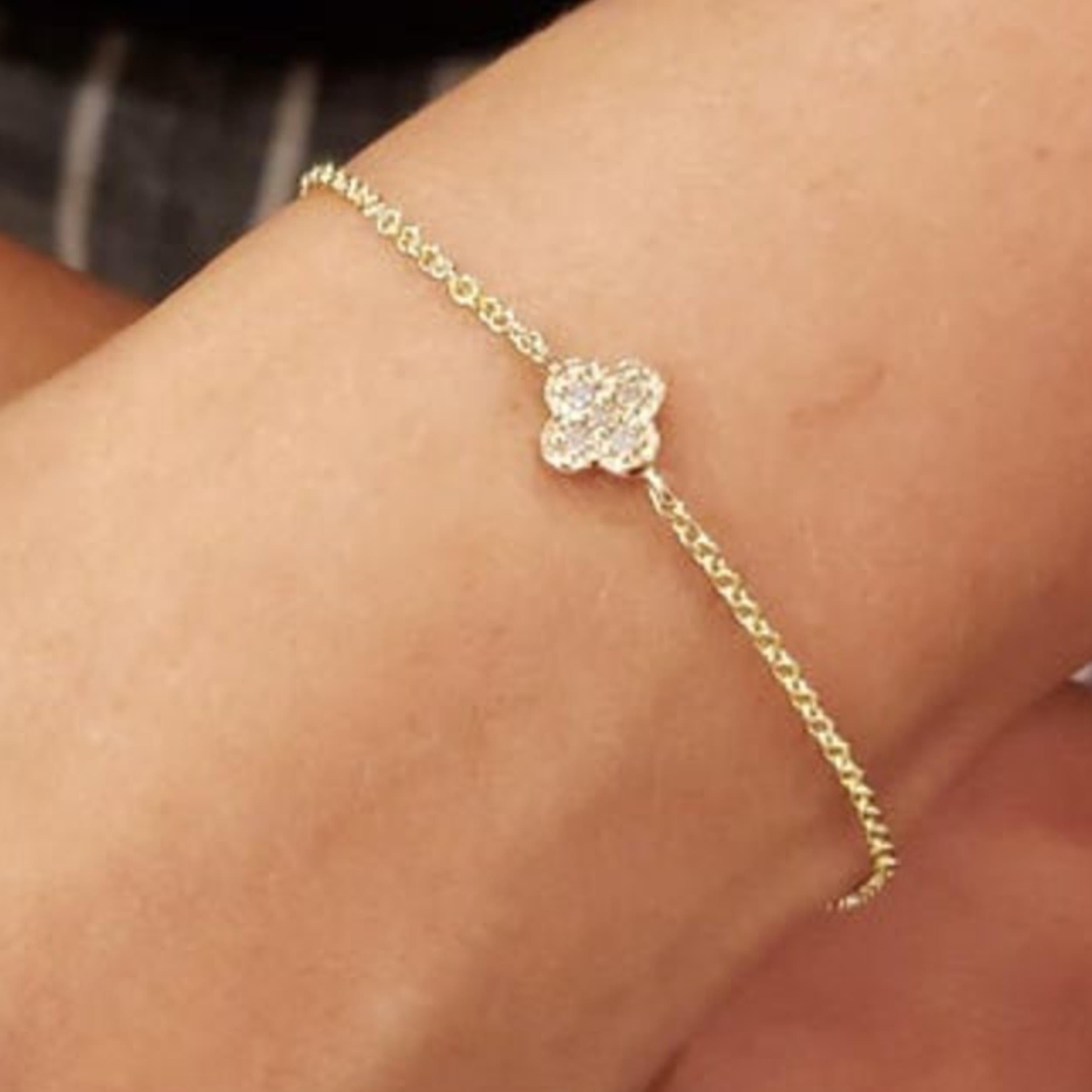 14Kt Gold Genuine Natural Diamond Clover Cluster Bracelet