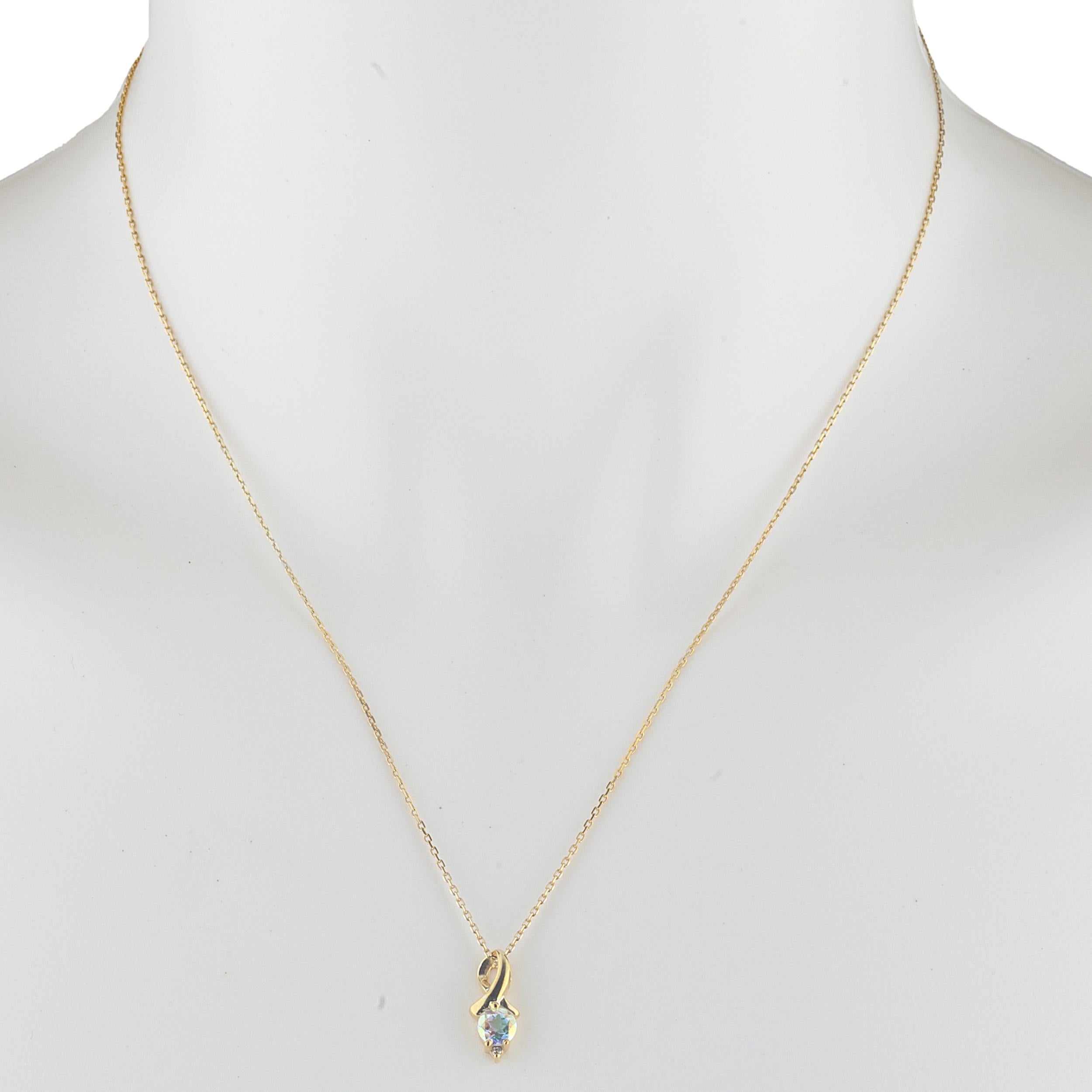 14Kt Gold Natural Mercury Mist Mystic Topaz & Diamond Round Design Pendant Necklace