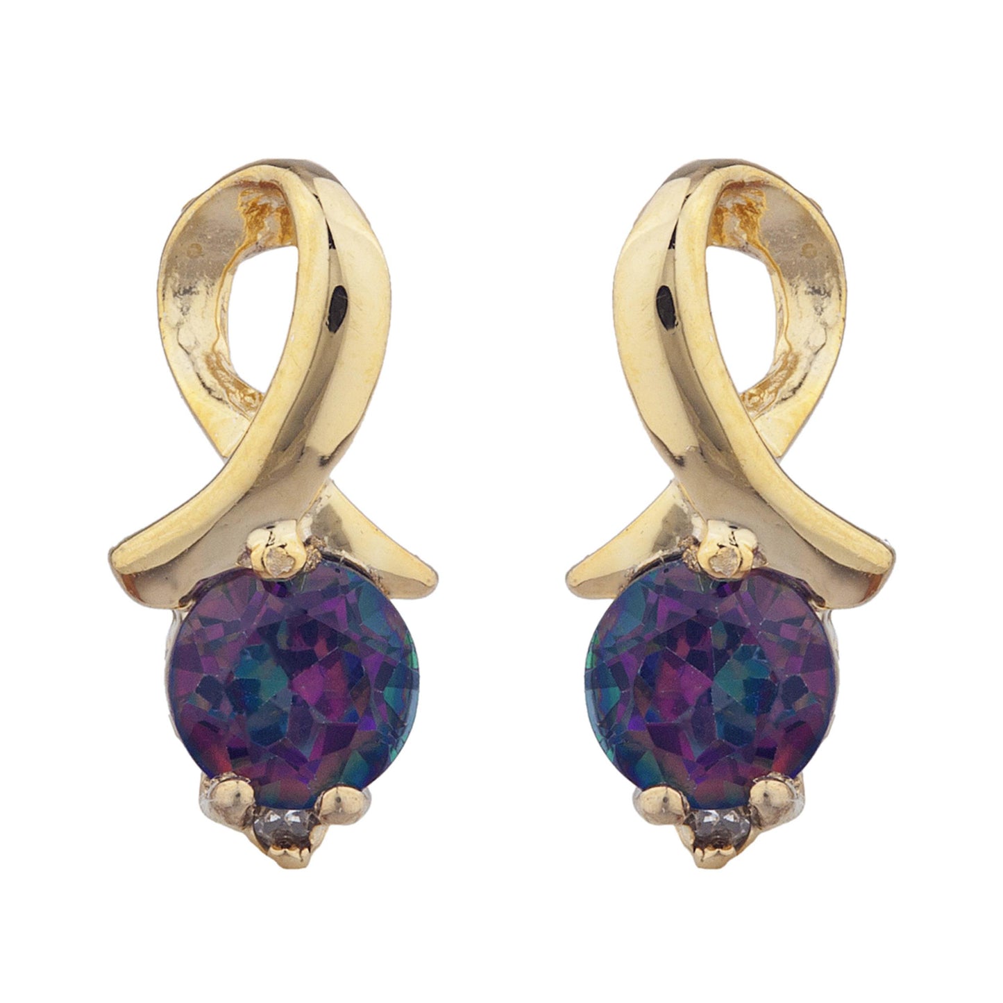 14Kt Gold Natural Mystic Topaz & Diamond Round Design Stud Earrings