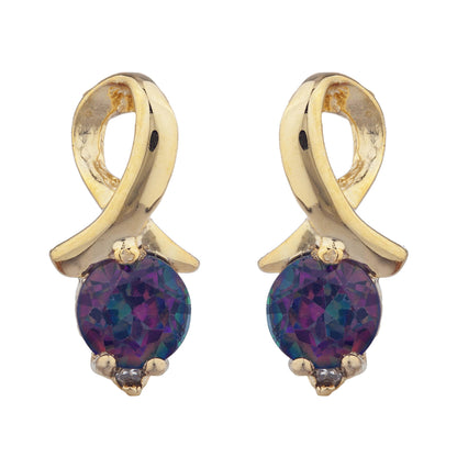 14Kt Gold Natural Mystic Topaz & Diamond Round Design Stud Earrings