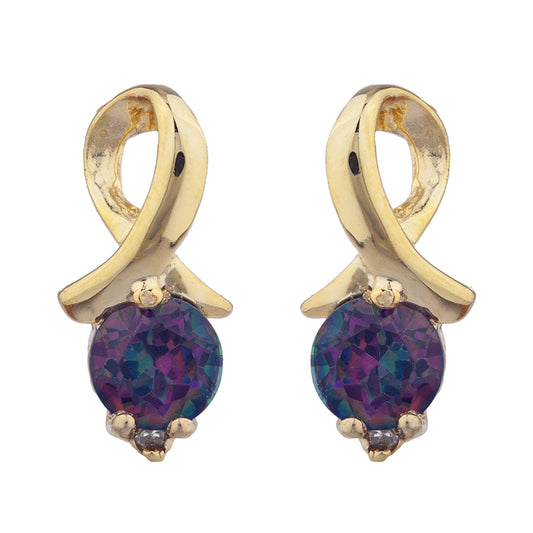 14Kt Gold Natural Mystic Topaz & Diamond Round Design Stud Earrings