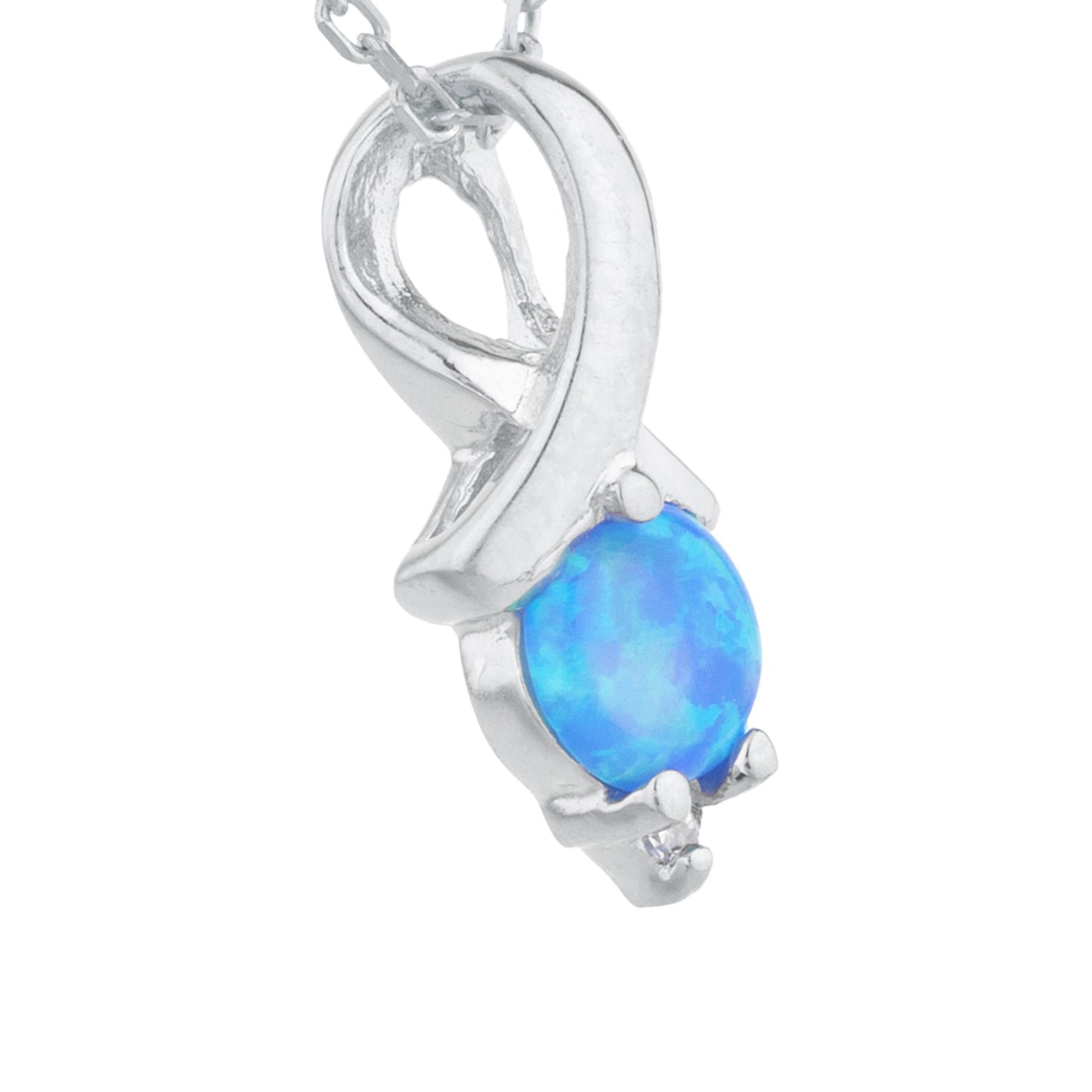 Blue Opal & Diamond Round Design Pendant .925 Sterling Silver