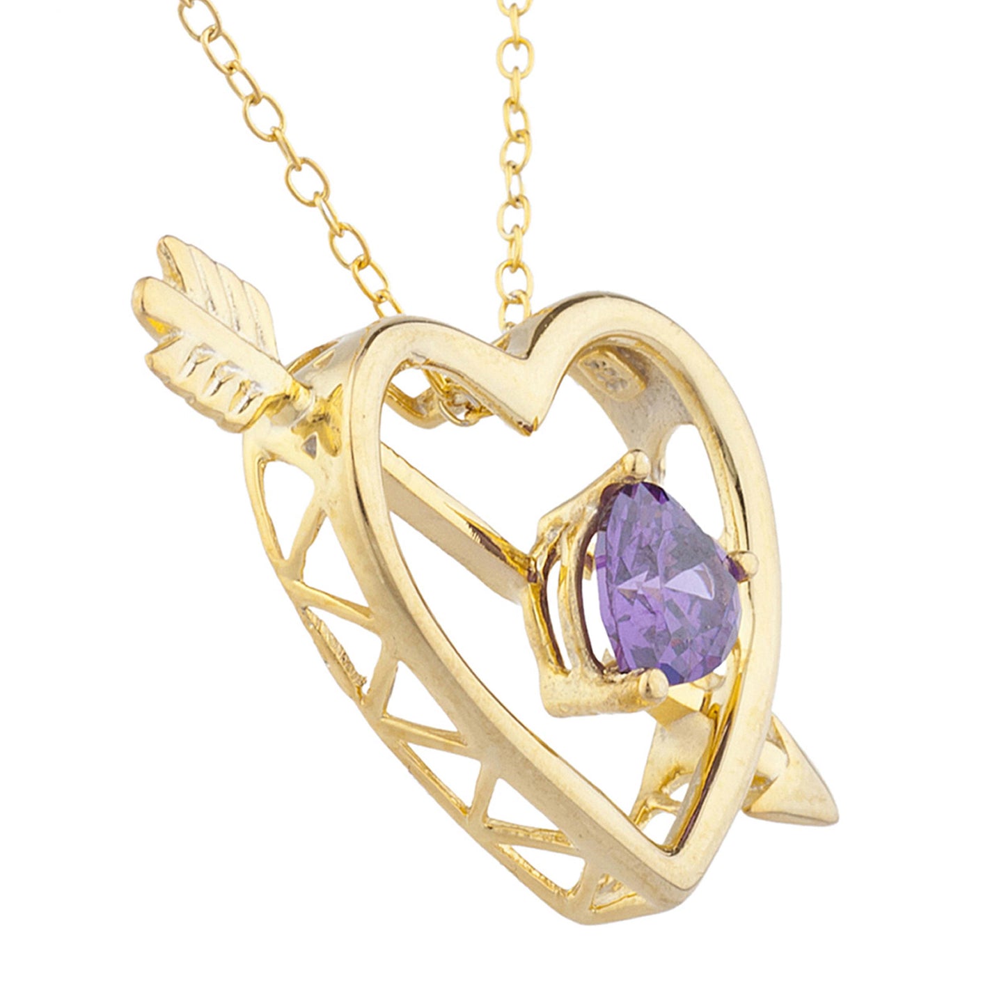 14Kt Yellow Gold Plated Amethyst Heart Bow & Arrow Pendant