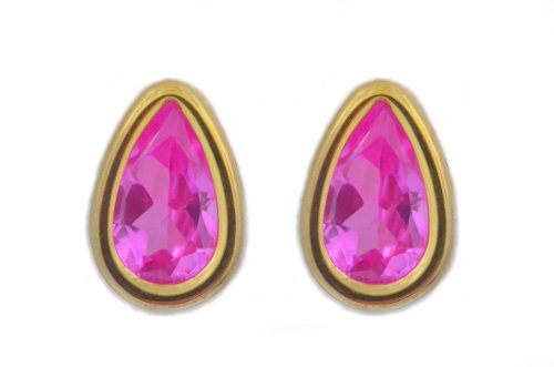 14Kt Yellow Gold Pink Sapphire Pear Bezel Stud Earrings