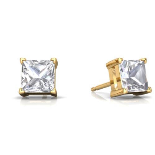2 Ct Zirconia Princess Cut Stud Earrings 14Kt Yellow Gold