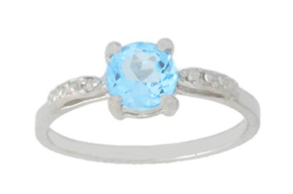 1 Ct Blue Topaz & Diamond Round Ring .925 Sterling Silver Rhodium Finish