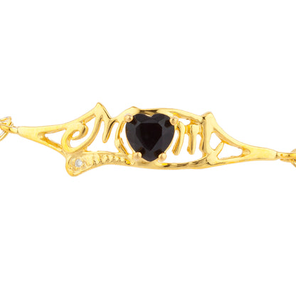 Genuine Black Onyx & Diamond Heart Mom Bracelet 14Kt Yellow Gold Plated Over .925 Sterling Silver