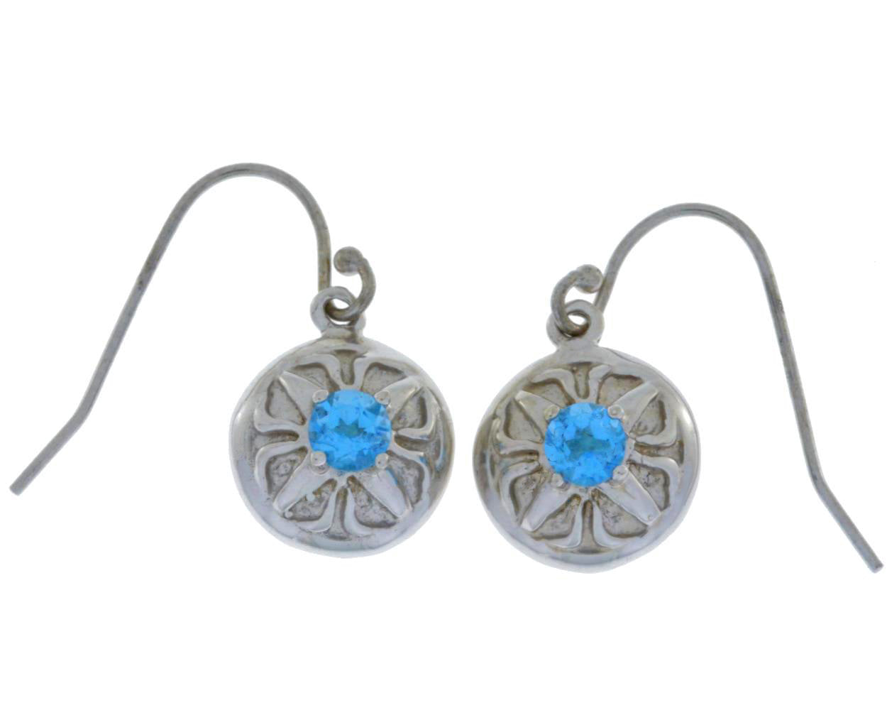 Blue Topaz Round Dangle Earrings .925 Sterling Silver