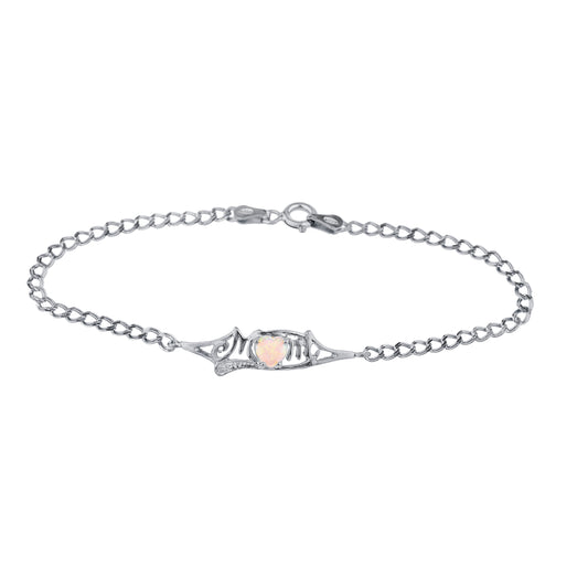 Pink Opal & Diamond Heart Mom Bracelet .925 Sterling Silver