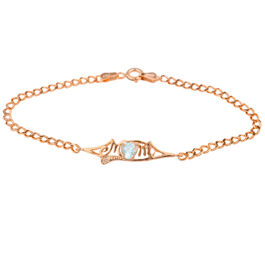 Genuine Aquamarine & Diamond Heart Mom Bracelet 14Kt Rose Gold Plated Over .925 Sterling Silver