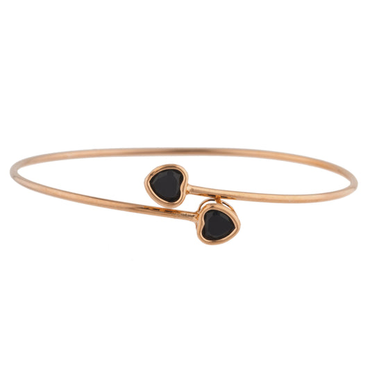 14Kt Rose Gold Plated Genuine Black Onyx Heart Bezel Bangle Bracelet