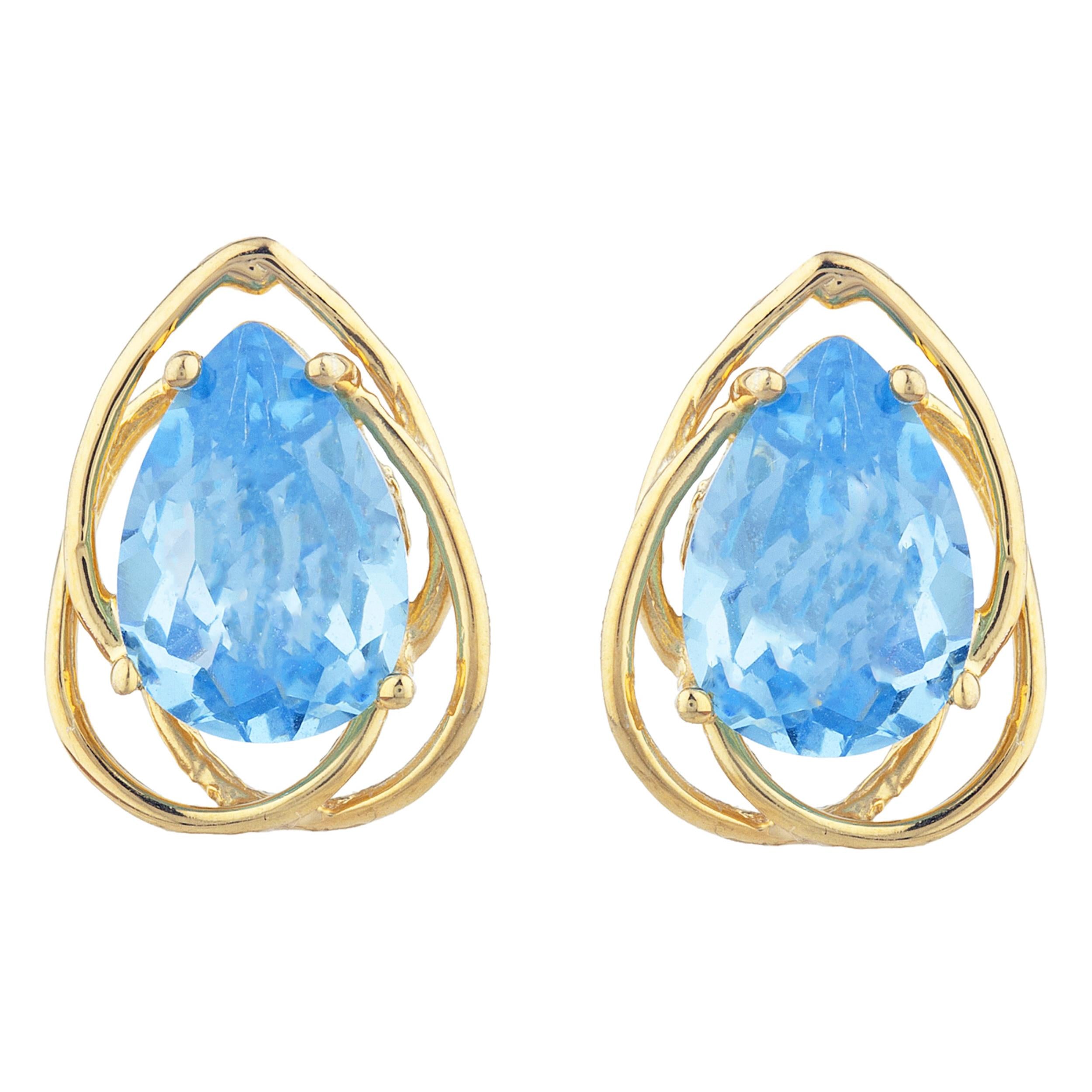 14Kt Gold 4 Ct Blue Topaz Pear Teardrop Design Stud Earrings