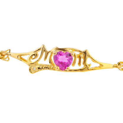 Pink Sapphire & Diamond Heart Mom Bracelet 14Kt Yellow Gold Plated Over .925 Sterling Silver