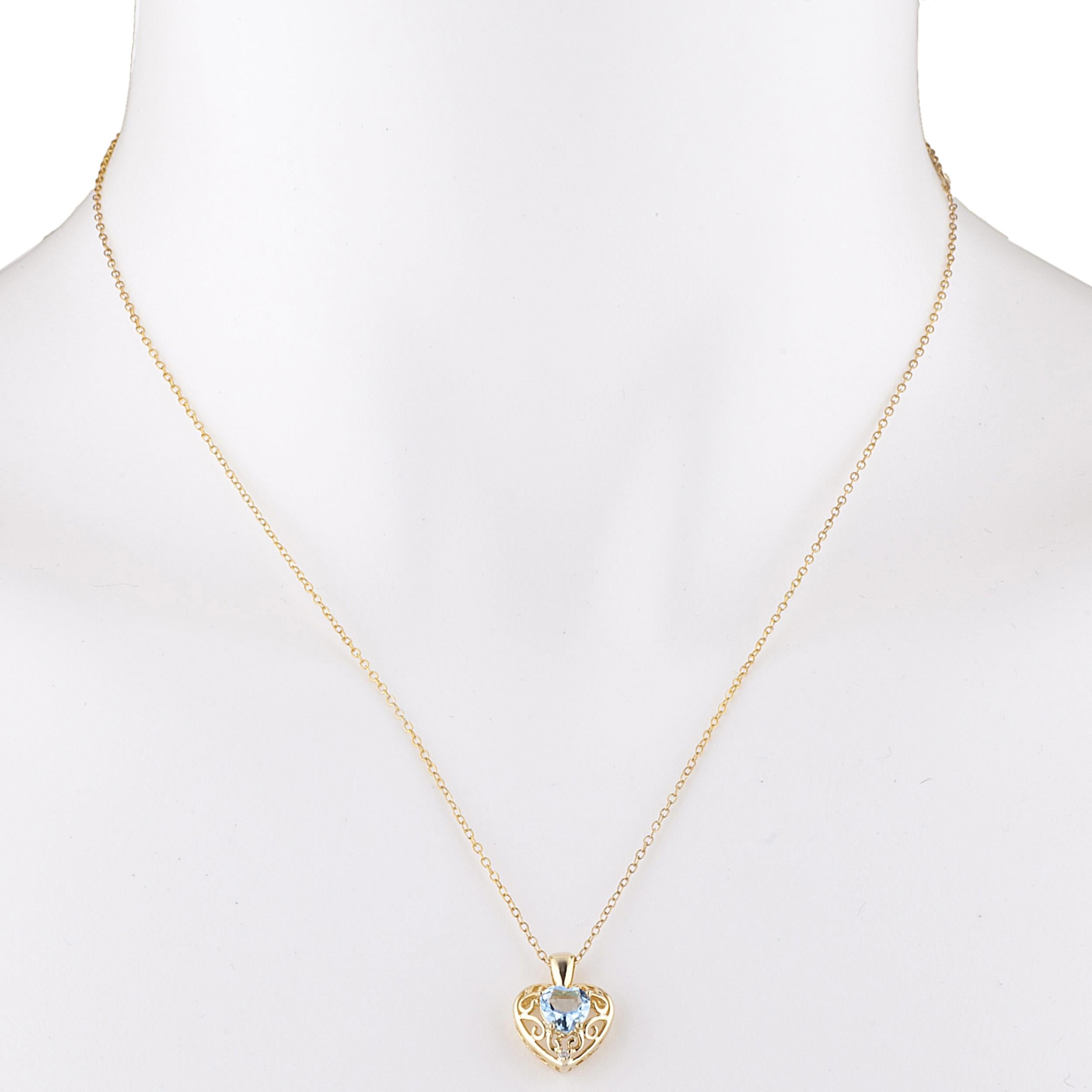 14Kt Gold Blue Topaz & Diamond Heart LOVE ENGRAVED Pendant Necklace