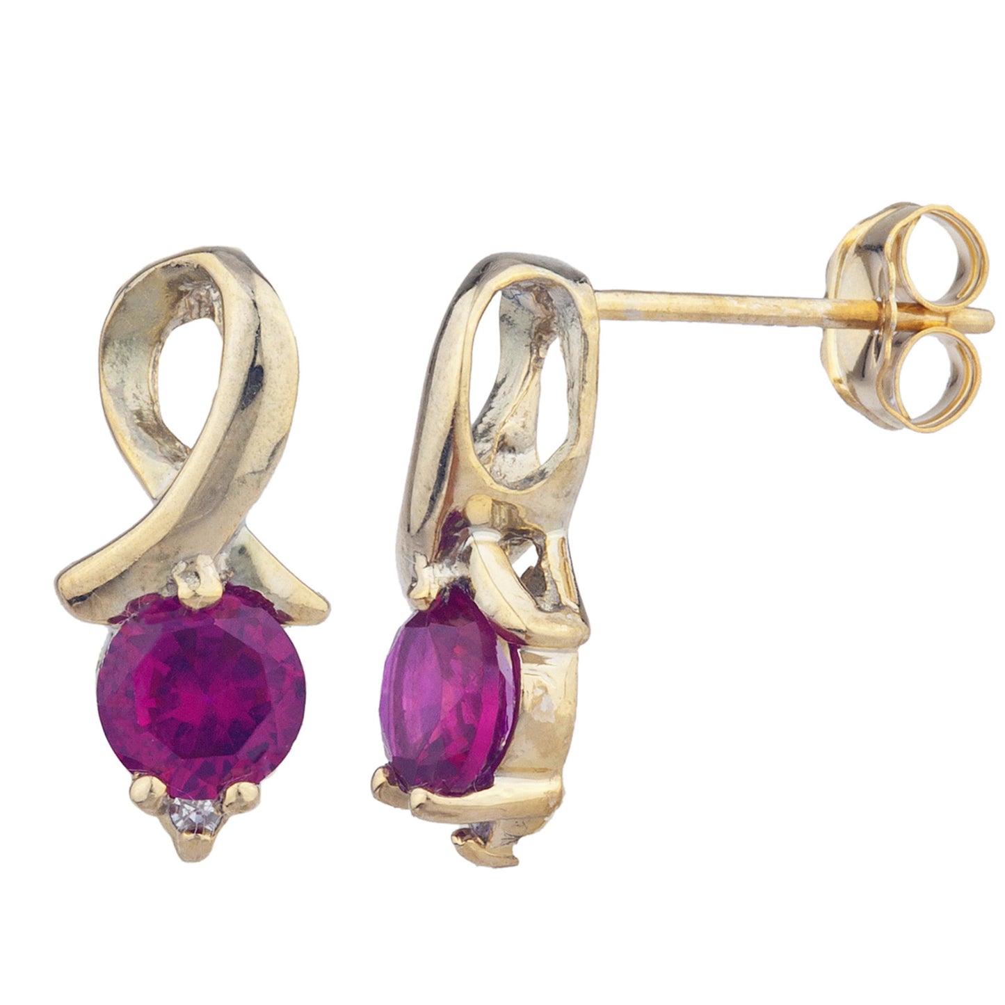 14Kt Yellow Gold Plated Created Ruby & Diamond Round Design Stud Earrings