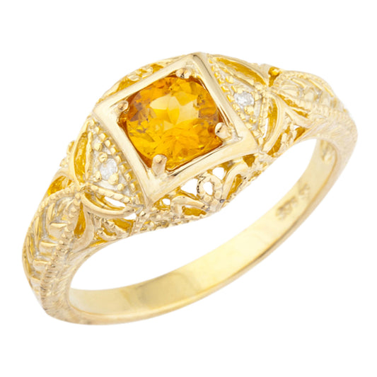 14Kt Gold Orange Citrine & Diamond Design Round Ring