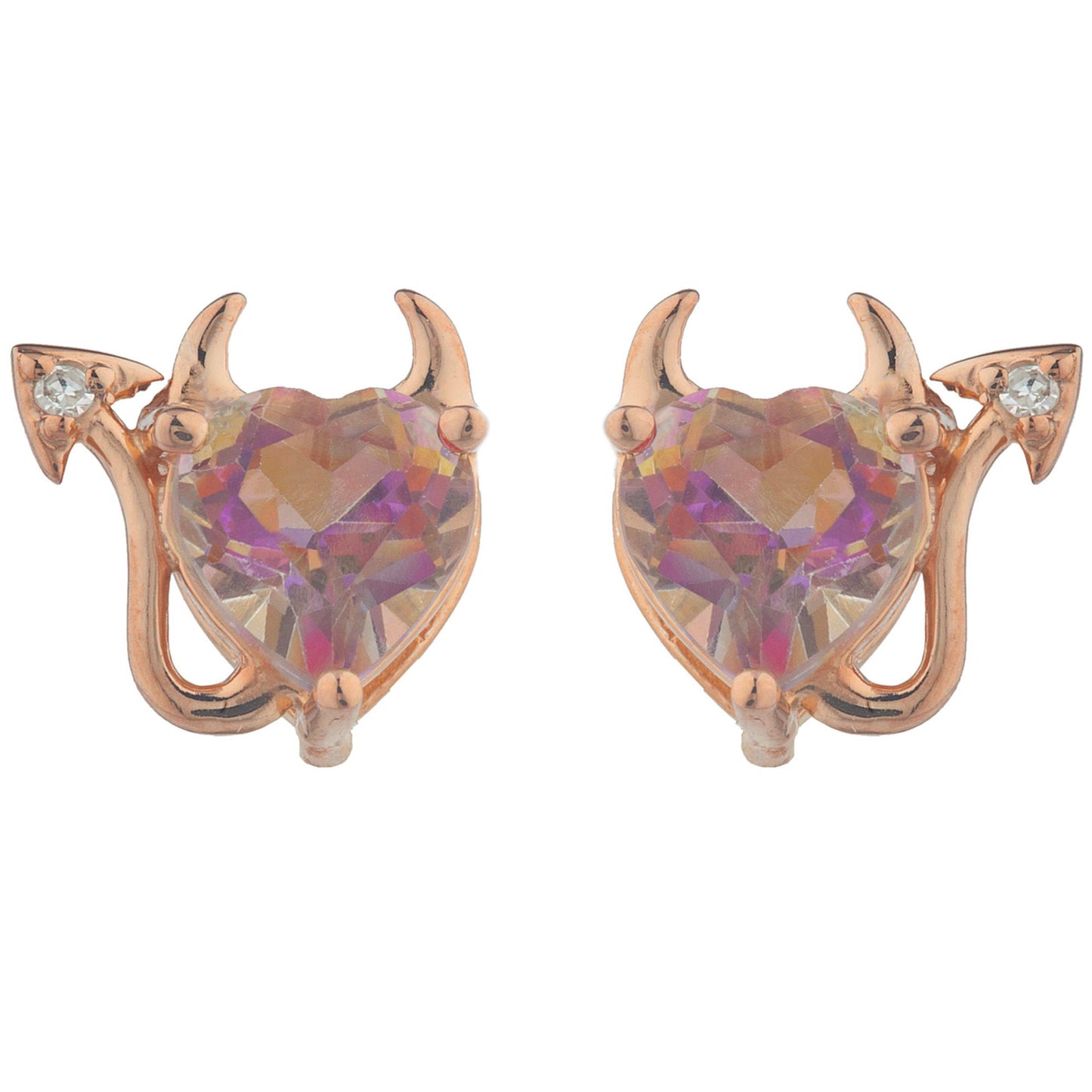 Natural Ecstasy Mystic Topaz & Diamond Devil Heart Stud Earrings 14Kt Rose Gold Plated