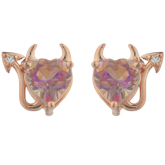 Natural Ecstasy Mystic Topaz & Diamond Devil Heart Stud Earrings 14Kt Rose Gold Plated