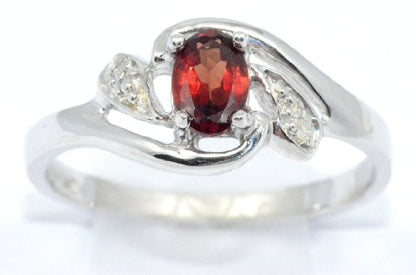 0.50 Ct Garnet & Diamond Oval Ring .925 Sterling Silver Rhodium Finish