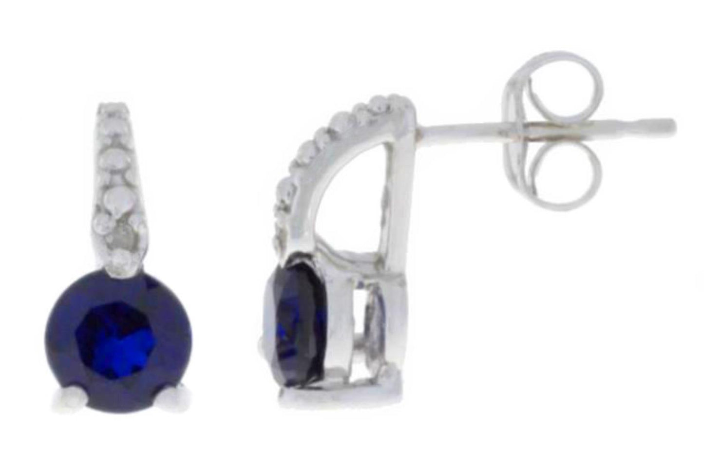 1 Ct Blue Sapphire & Diamond Round Stud Earrings .925 Sterling Silver