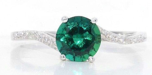 1.5 Ct Created Emerald & Diamond Round Ring .925 Sterling Silver Rhodium Finish