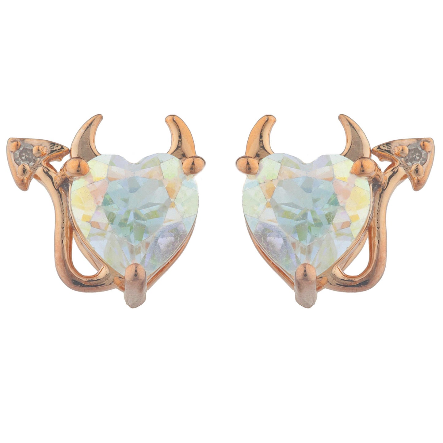 Natural Mercury Mist Mystic Topaz & Diamond Devil Heart Stud Earrings 14Kt Rose Gold Plated