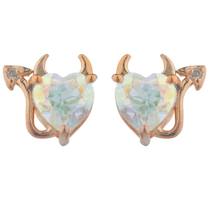 Natural Mercury Mist Mystic Topaz & Diamond Devil Heart Stud Earrings 14Kt Rose Gold Plated