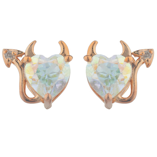 Natural Mercury Mist Mystic Topaz & Diamond Devil Heart Stud Earrings 14Kt Rose Gold Plated