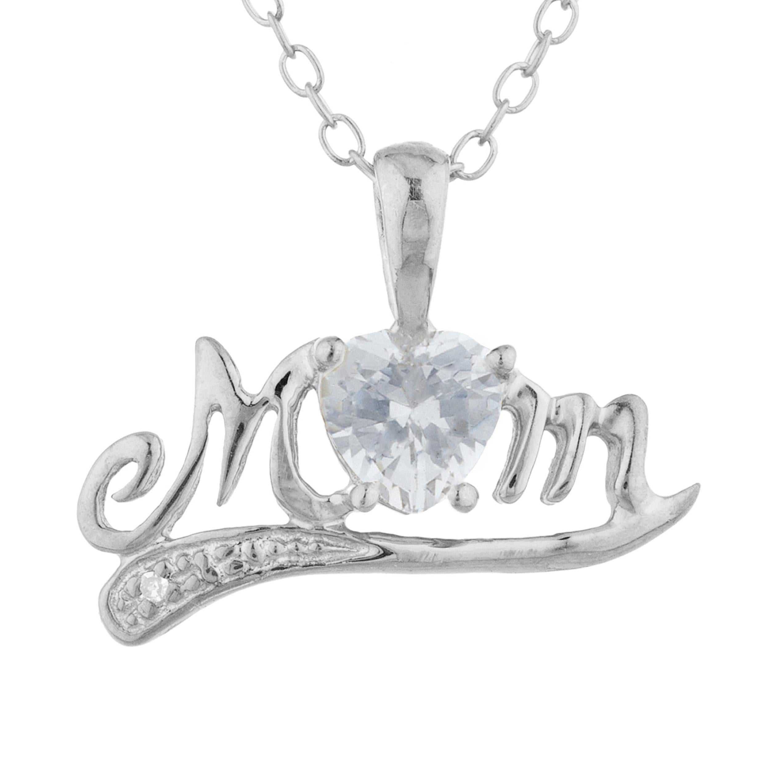14Kt Gold White Sapphire & Diamond Heart Mom Pendant Necklace