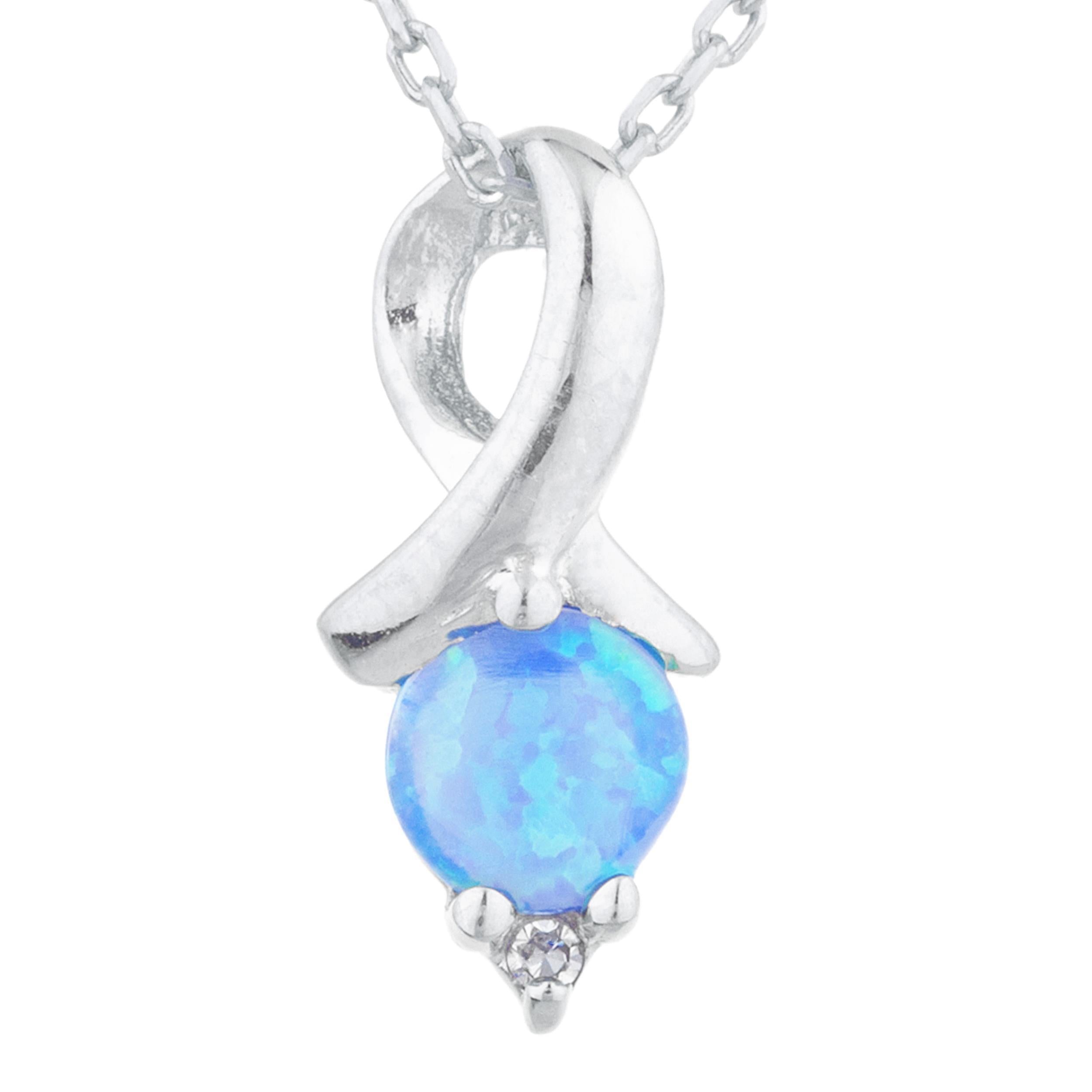 14Kt Gold Blue Opal & Diamond Round Design Pendant Necklace