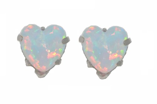 14Kt White Gold Opal Heart Stud Earrings