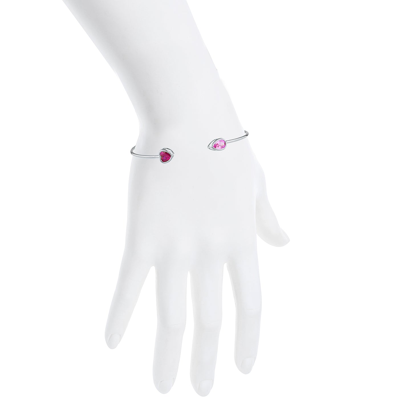 Created Ruby Heart & Pink Sapphire Pear Bezel Bangle Bracelet .925 Sterling Silver Rhodium Finish