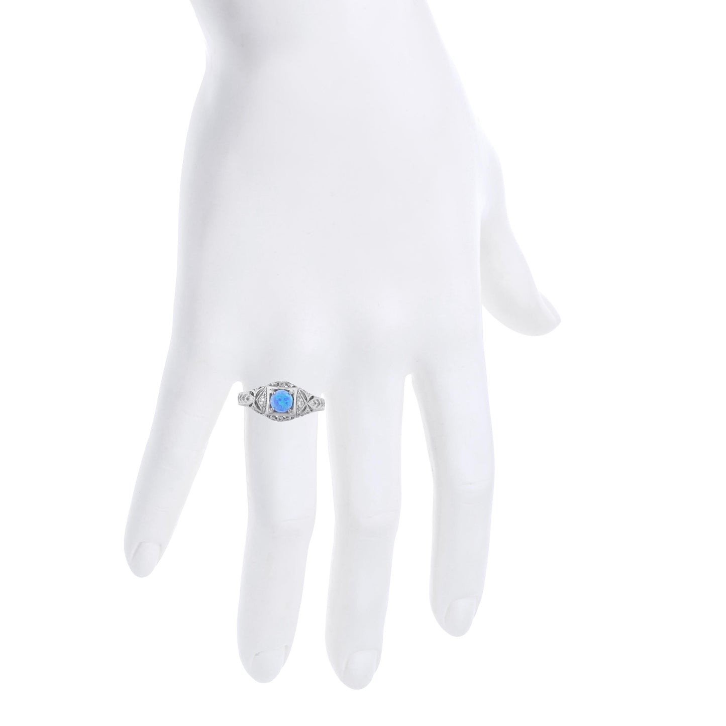 14Kt Gold Blue Opal & Diamond Design Round Ring