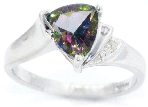 1.5 Ct Mystic Topaz & Diamond Trillion Ring .925 Sterling Silver Rhodium Finish