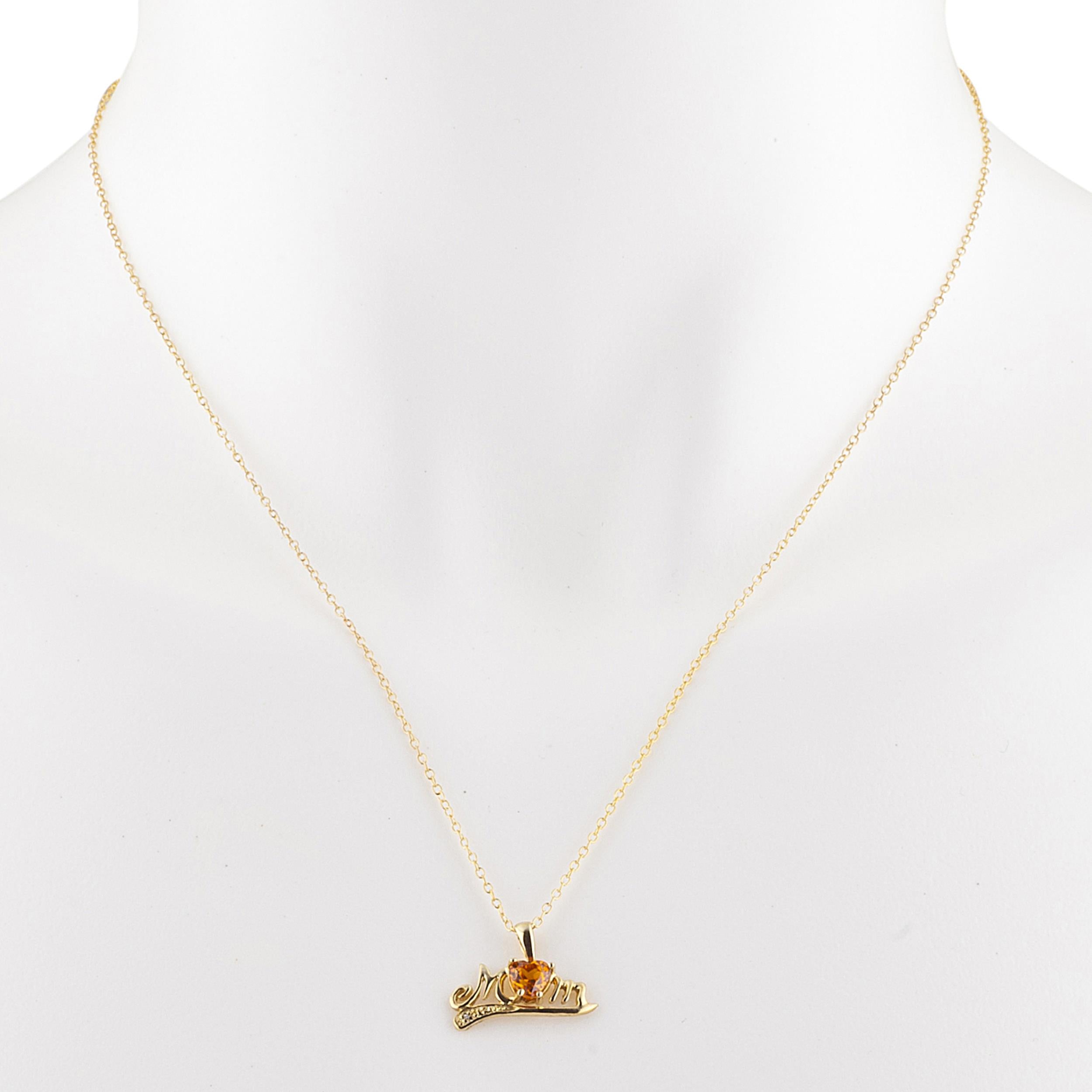 14Kt Gold Orange Citrine & Diamond Heart Mom Pendant Necklace