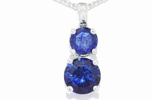 1.5 Ct Created Blue Sapphire Double Diamond Pendant .925 Sterling Silver Rhodium Finish