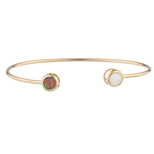 Black & White Opal Round Bezel Bangle Bracelet 14Kt Yellow Gold Plated Over .925 Sterling Silver