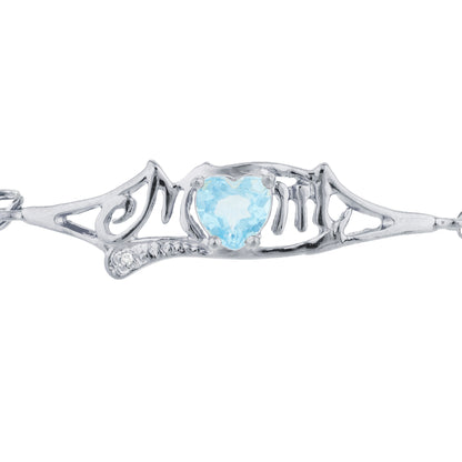 Blue Topaz & Diamond Heart Mom Bracelet .925 Sterling Silver