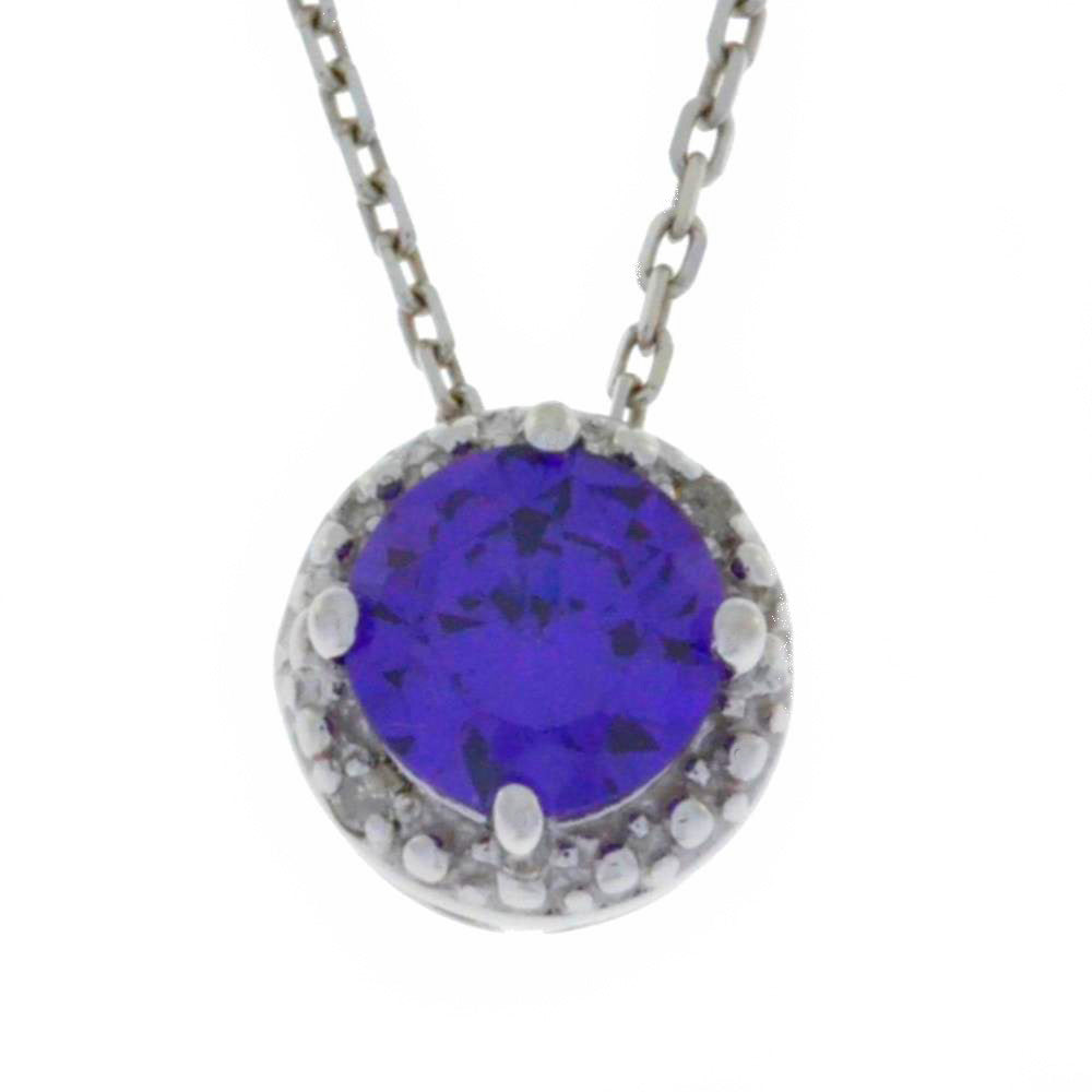 1 Ct Amethyst & Diamond Round Pendant .925 Sterling Silver Rhodium Finish