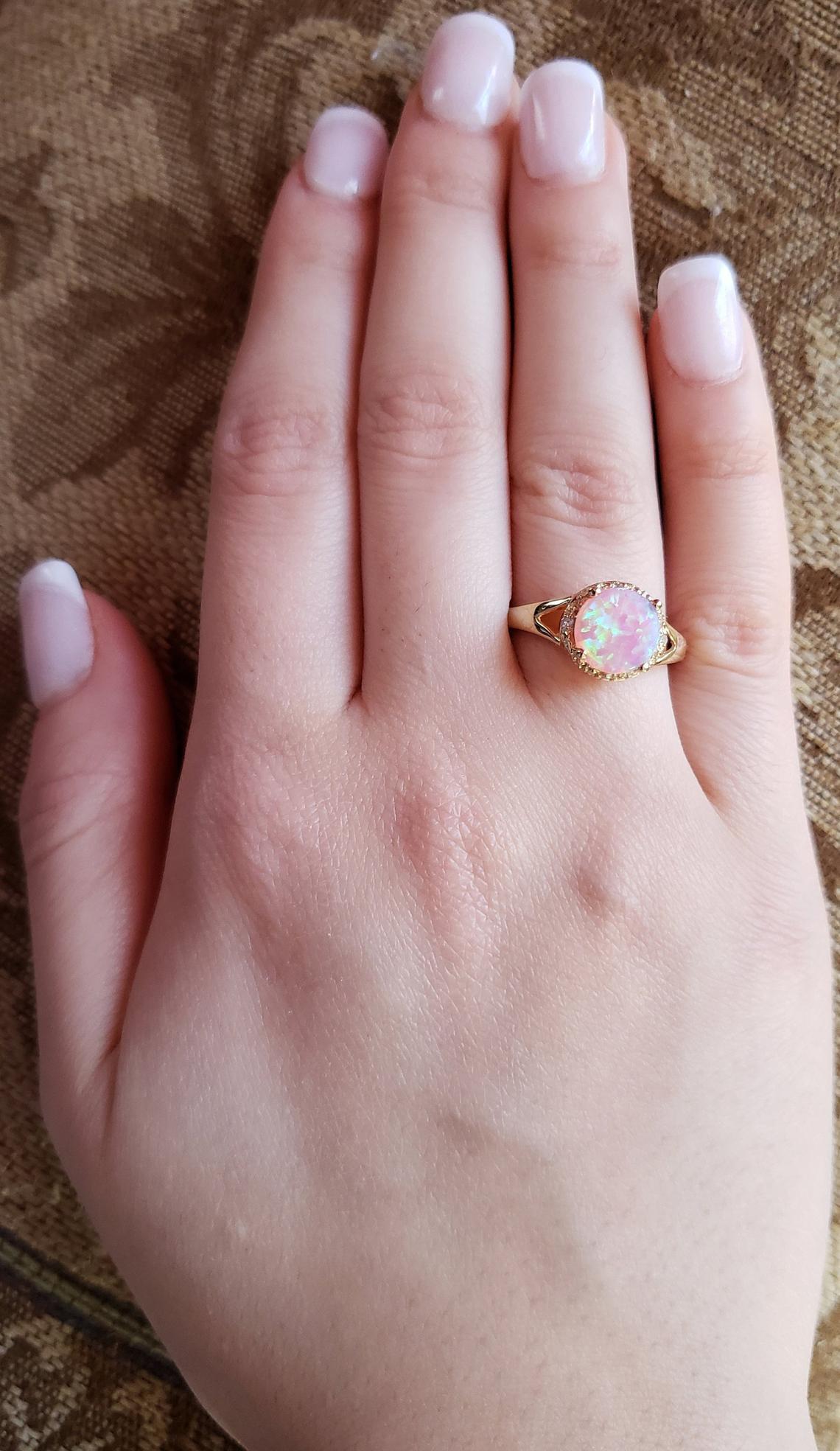 14Kt Gold Pink Opal & Diamond Halo Design Round Ring