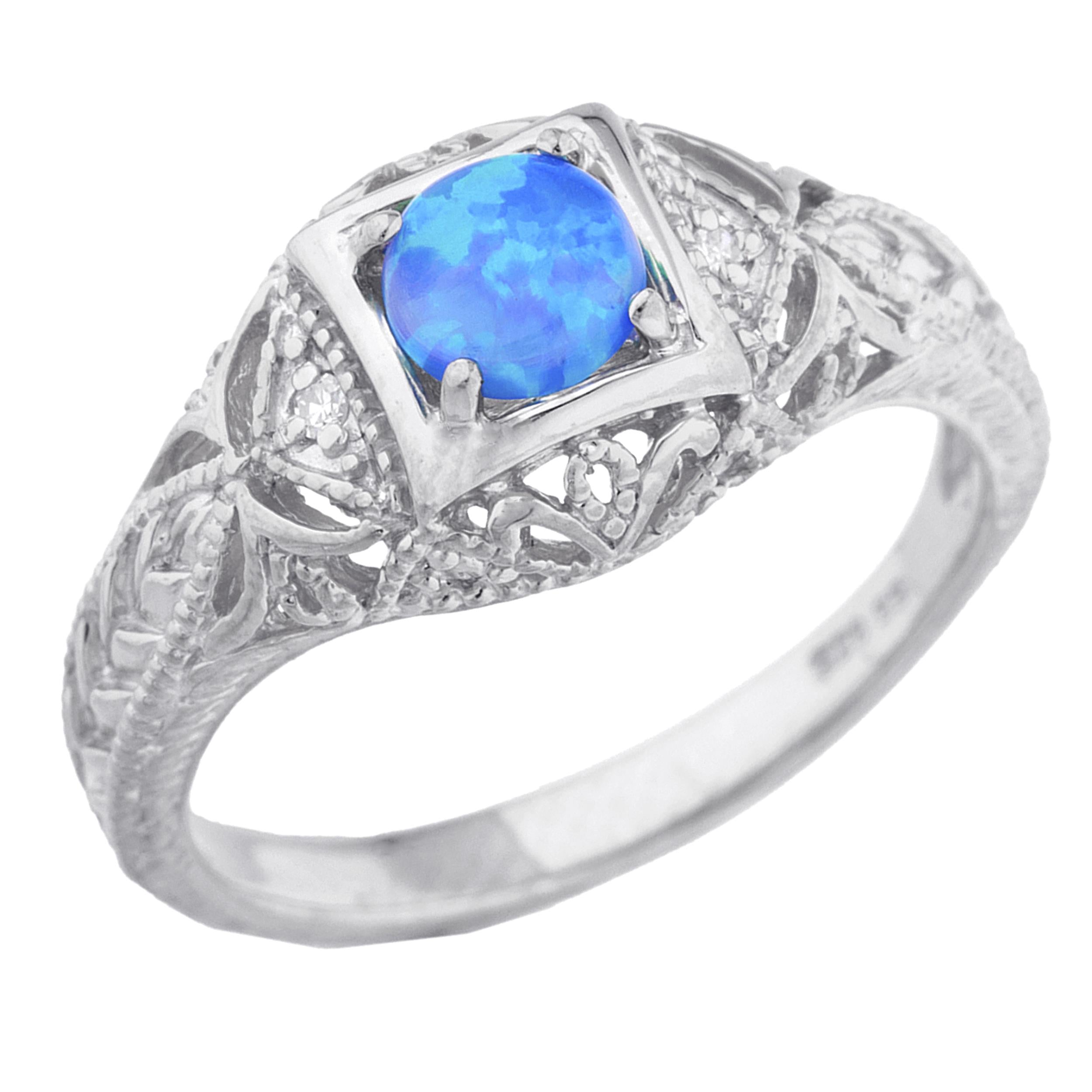 14Kt Gold Blue Opal & Diamond Design Round Ring