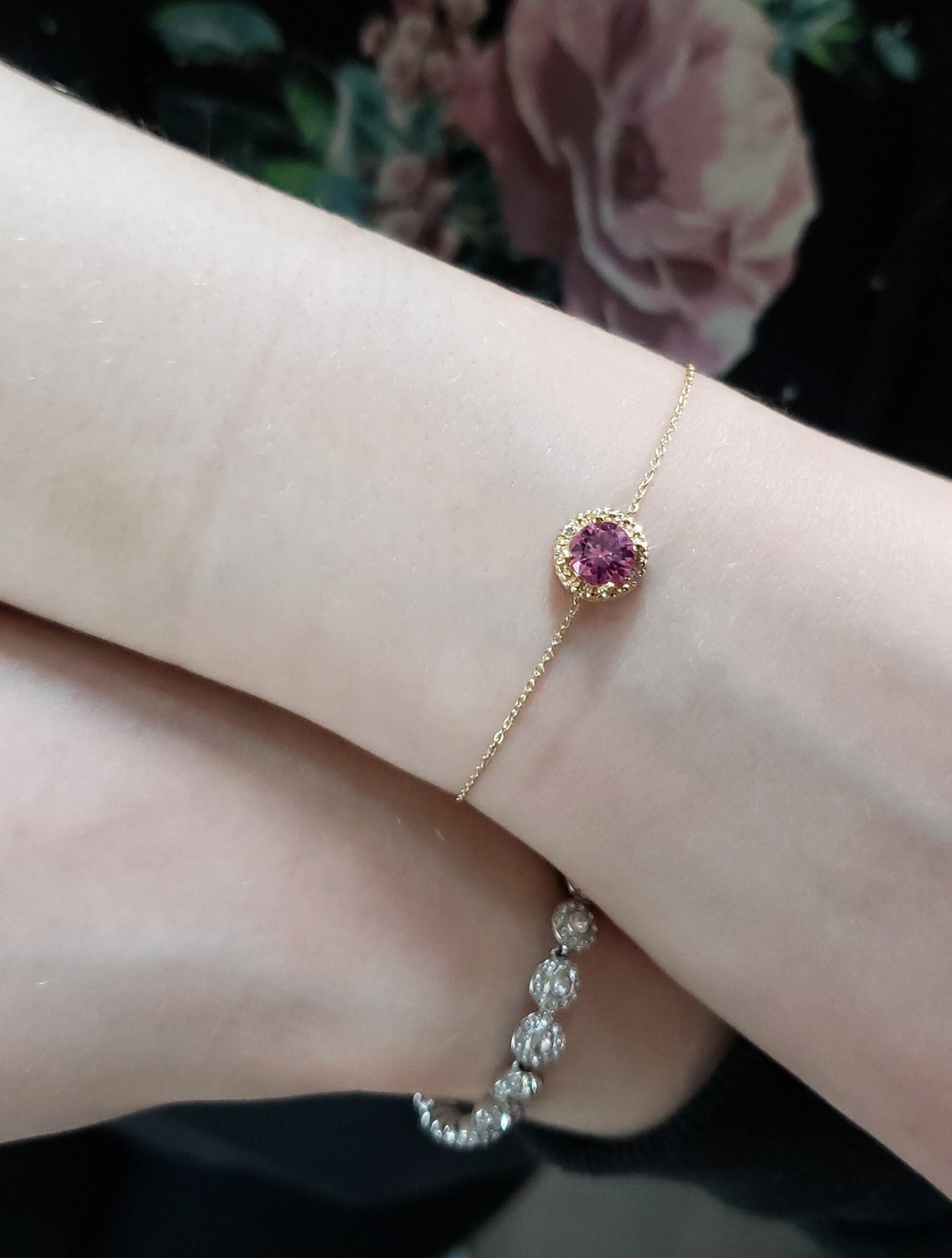 14Kt Gold Pink Sapphire & Diamond Round Necklace